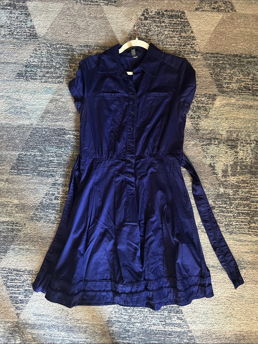 Women’s Navy Blue Button-Front Shirt Dress with Tie Waist